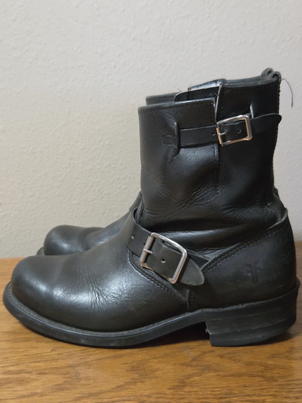 Frye Black Leather Buckle Engineer Boots